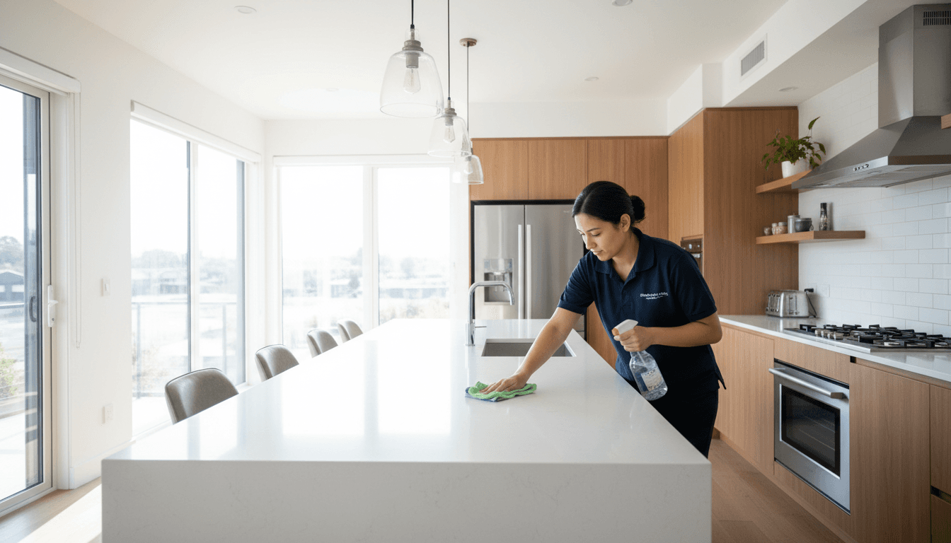 Professional cleaner wiping a kitchen counter in a bright modern home